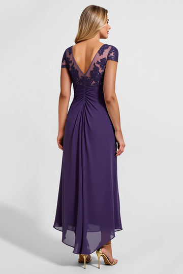 Purple Chiffon Ruched Mother of the Bride Dress with Appliques